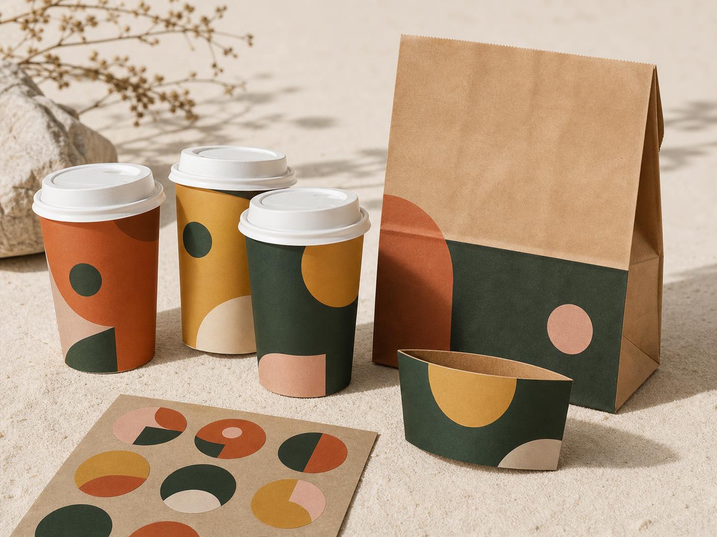 Custom printed cups, carry bags and wraps in bright brand colours